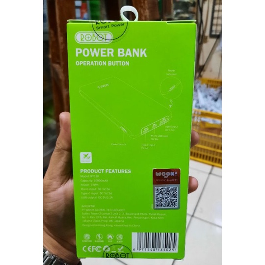 PowerBank ROBOT 10000mah RT180 Dual Input Port Type C &amp; Micro Original Garansi Resmi