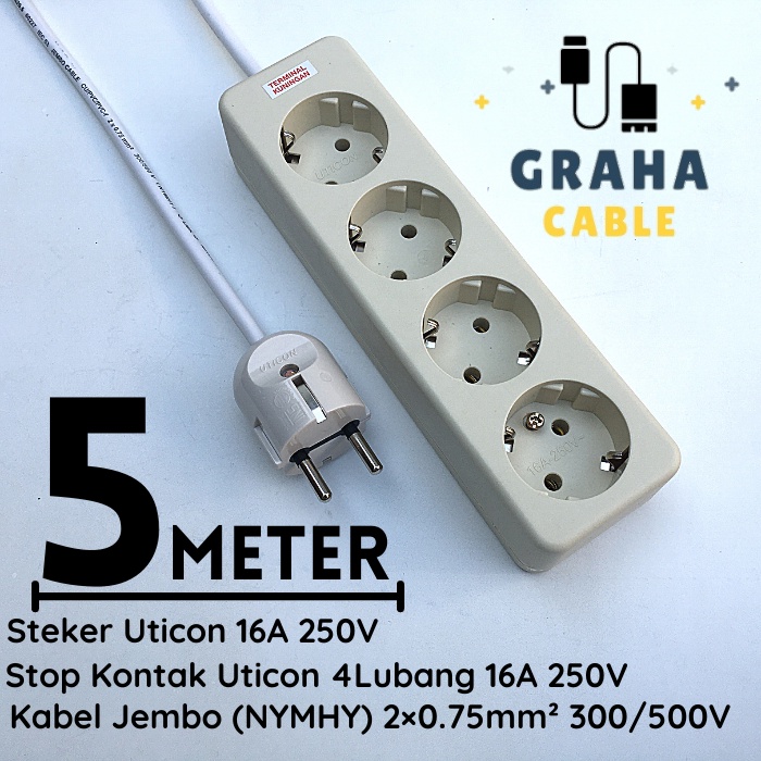 Kabel Sambungan Listrik Stop Kontak 4 Lubang 5 Meter UTICON