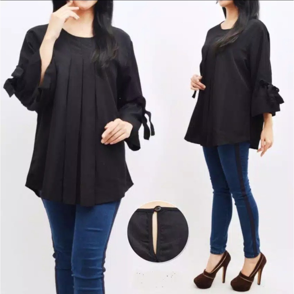 ERLINDA  BLOUSE WANITA | BIG SIZE | PLAIN BLOUSE | ATASAN WANITA | BAJU JUMBO ERLINDA-Hitam
