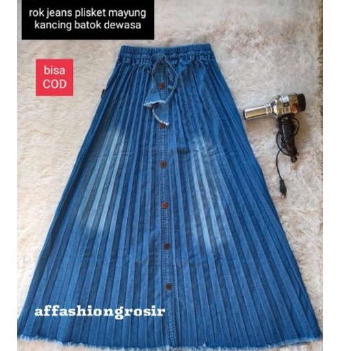 ROK JEANS PLISKET SUPER JUMBO KANCING WANITA/ROK WANITA PLISKET RAWIS DEWASA-1