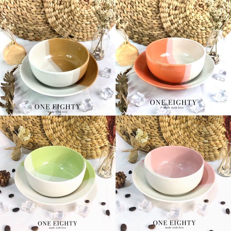 Paket Set Mangkok Piring Keramik TwoTone 2Warna Cantik Mewah Kualitas Bagus Tebal Garansi Pecah