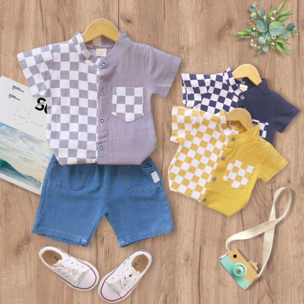 HappyOliver SET CHESS JEANS EBV Setelan Kaos Anak Bayi Laki-laki Pendek 6bulan - 4tahun