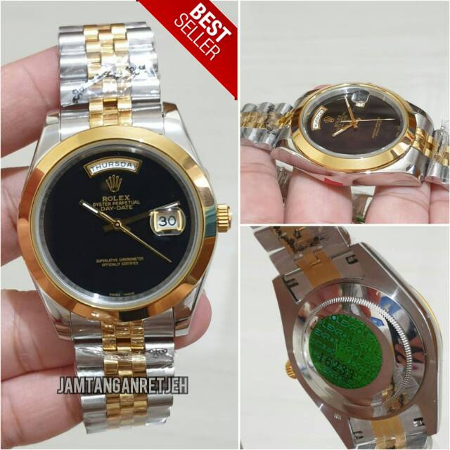 JAM TANGAN PRIA ROLEX DAY DATE AUTOMETIC COMBI GOLD BLACK DIAL