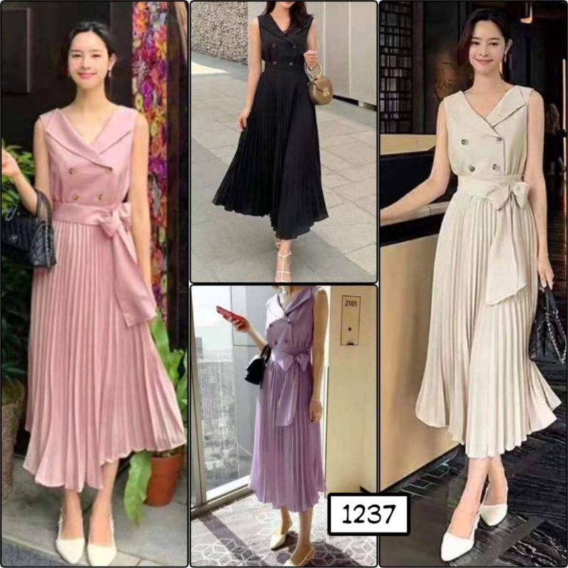 Dress Korea Terusan Wanita Plisket Simple Pastel Gaun
