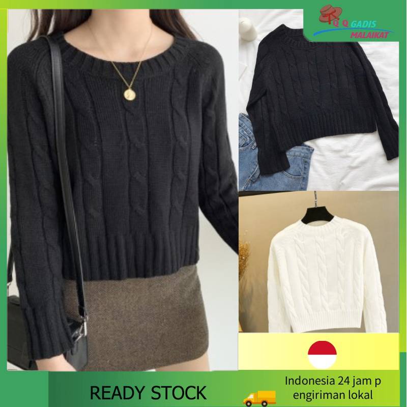 sweater hitam switer pendek fashion wanita sweter rajut longgar korea