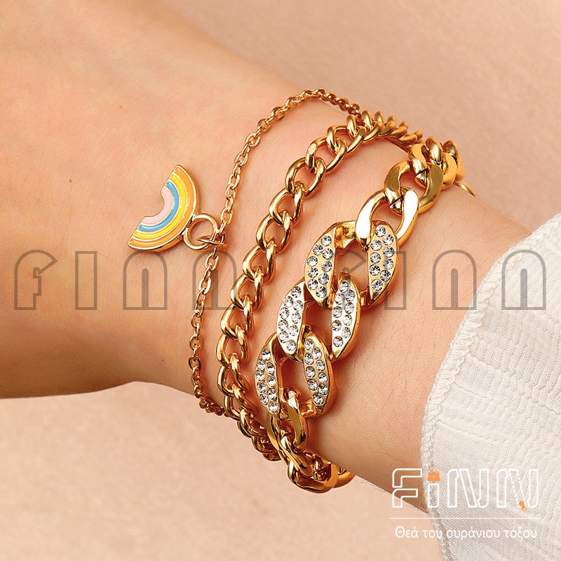 3 Pcs / Set Gelang Retro Metal Wanita - Chain Bracelet Retro Rainbow Fashion Korean Import