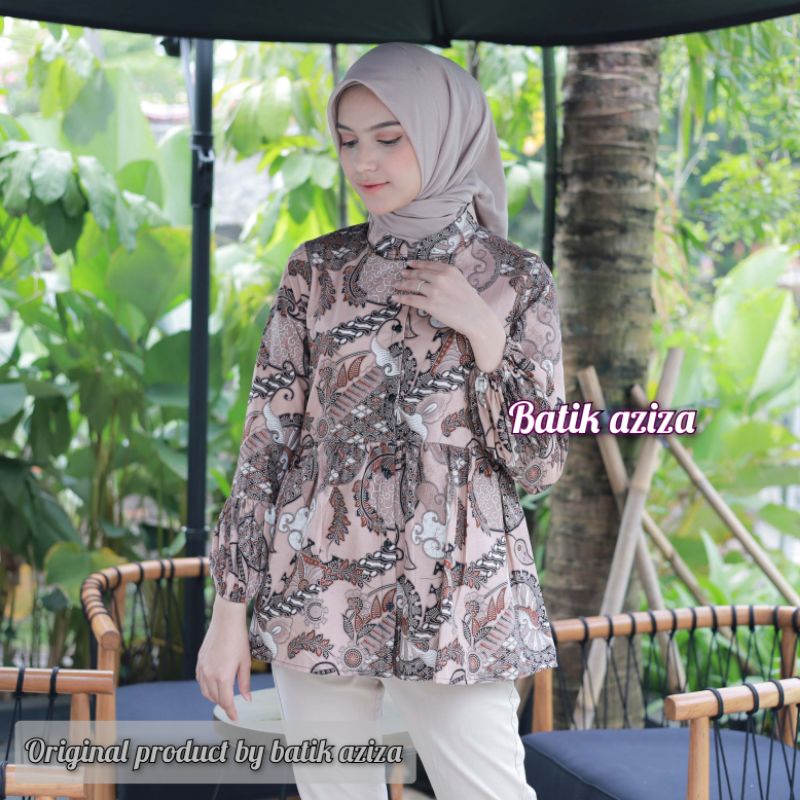 atasan batik wanita kekinian blus batik kancing depan lengan balon by batik aziza