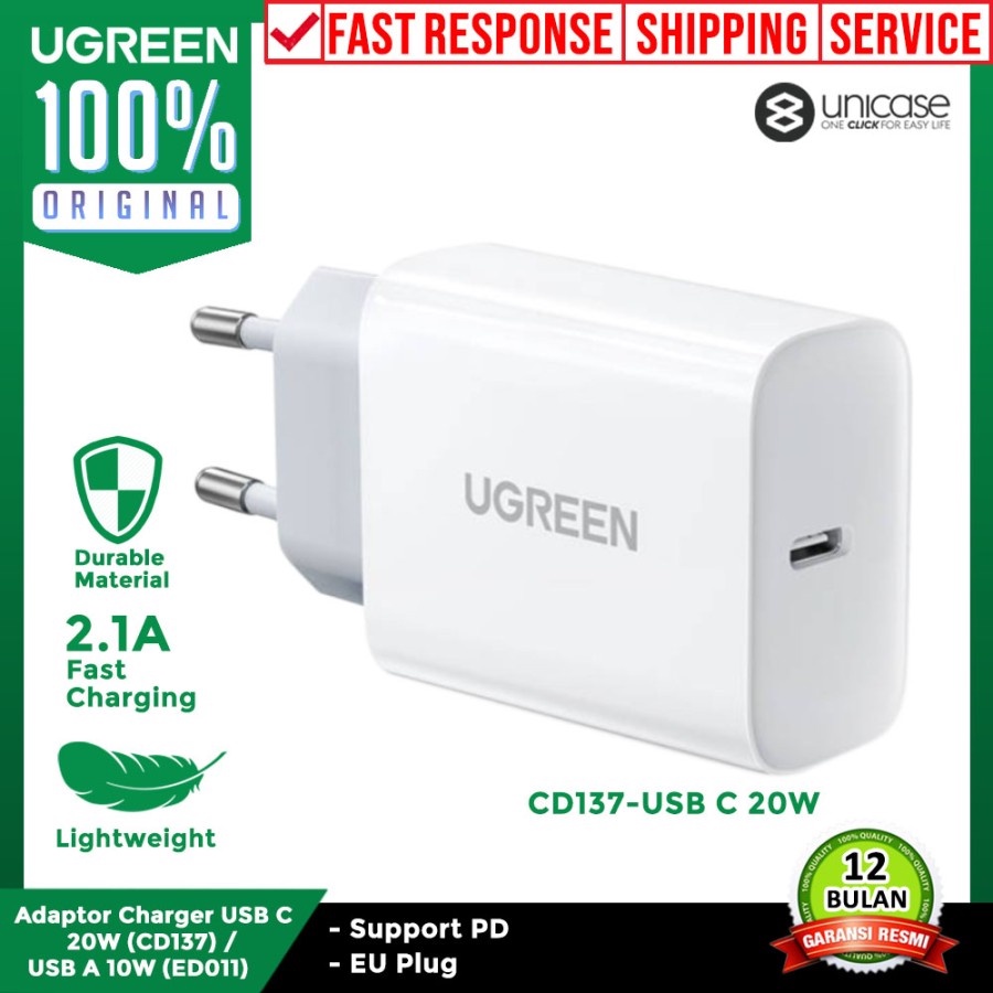 Wall Charger Kepala Adaptor 20W UGREEN USB Type C PD 4.0 QC