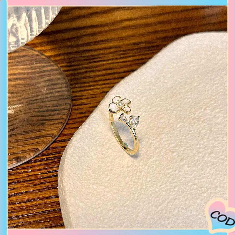 COD❤️ Cincin Bunga Sederhana Lembut Manis Kecantikan Temperamen Cincin Pembuka Glossy-A.one