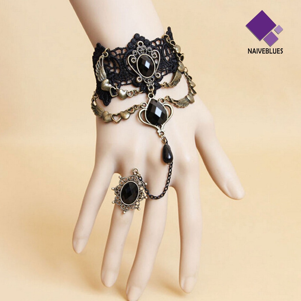 Kalung Gelang Cincin Bahan Lace Warna Hitam Gaya Gothic Punk Untuk Wanita