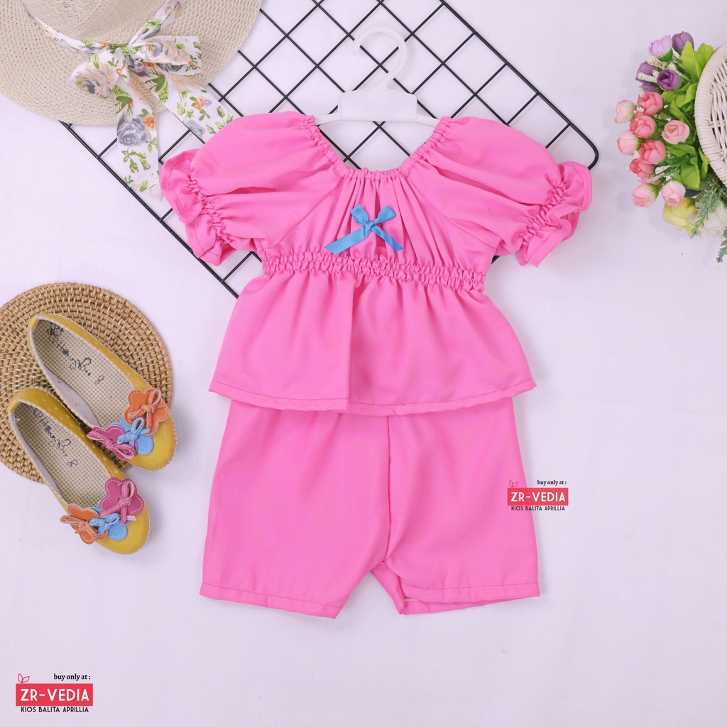 Neisya Set uk Bayi - 2 Tahun / Setelan Lengan Pendek Balon Celana Anak Perempuan Polos Atasan Import ZR Vedia