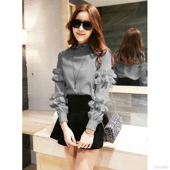 Blus Casual Kerah Tegak  Lengan Panjang Bahan Lace Warna 