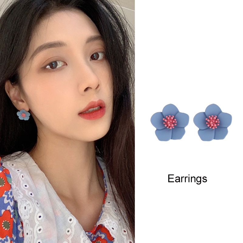 Anting-anting Stud/Klip Telinga Berbentuk Bunga Plum Biru S925 Ringkas Bergaya Korea Selatan