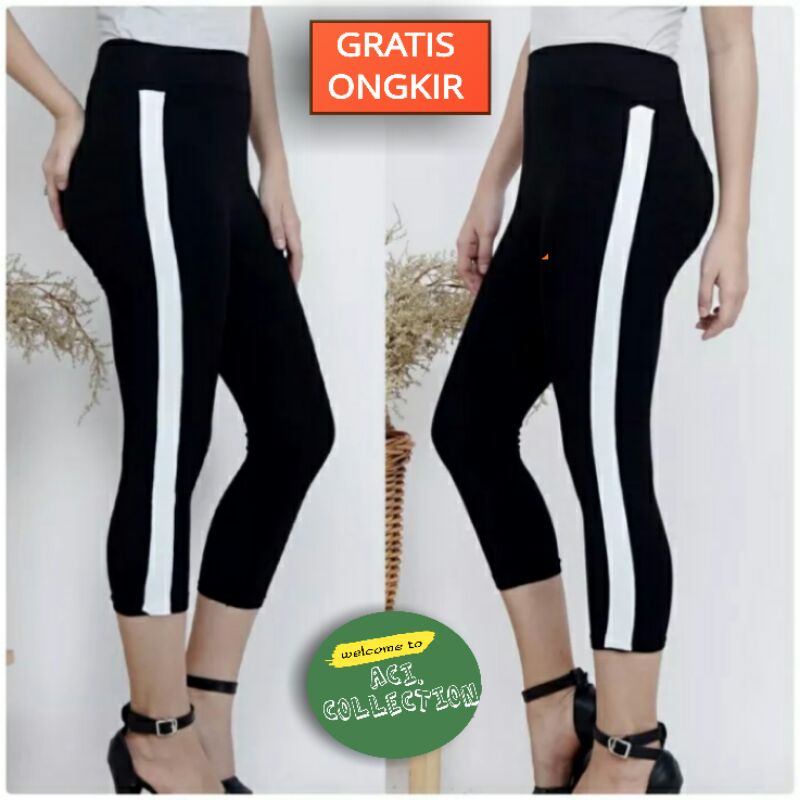 legging list stripe putih Pendek 3/4 Standar &amp; Jumbo / Celana List Putih PREMIUM