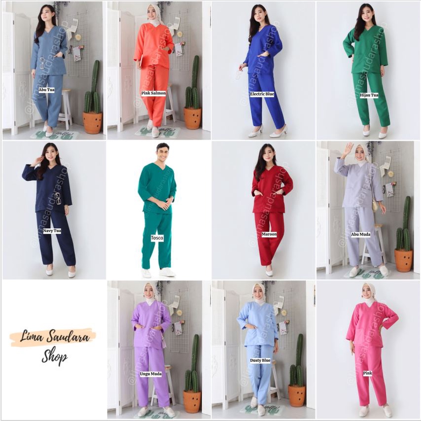 NEW! BAJU JAGA LENGAN PANJANG UNISEX (BAJU OKA/ OK/ BAJU SCRUB MEDIS) 1 SET BAJU DAN CELANA