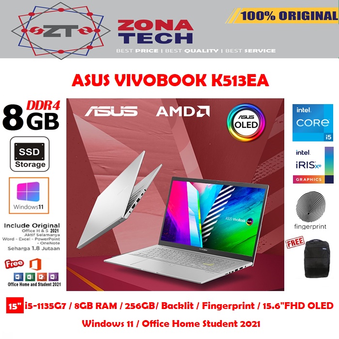 ASUS VIVOBOOK 15 OLED K513EA - i5-1135G7 - 8GB - 512GB SSD - BACKLIT - FINGERPRINT - 15.6&quot;FHD OLED - WIN11 - OHS