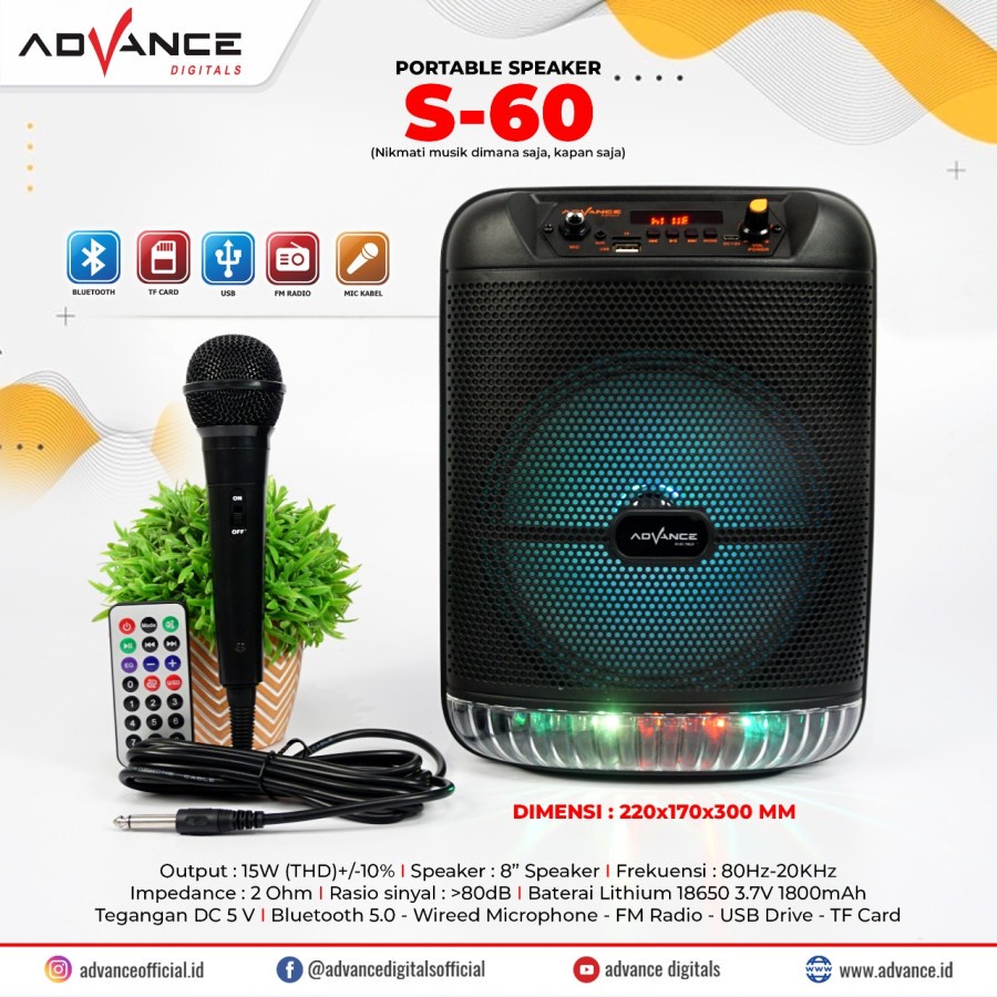 Speaker Bluetooth Advance S-60 Extra Bass | Advance S60 Speaker Portable Bluetooth 8 Inch + Microfone | Bisa Cod | FMS