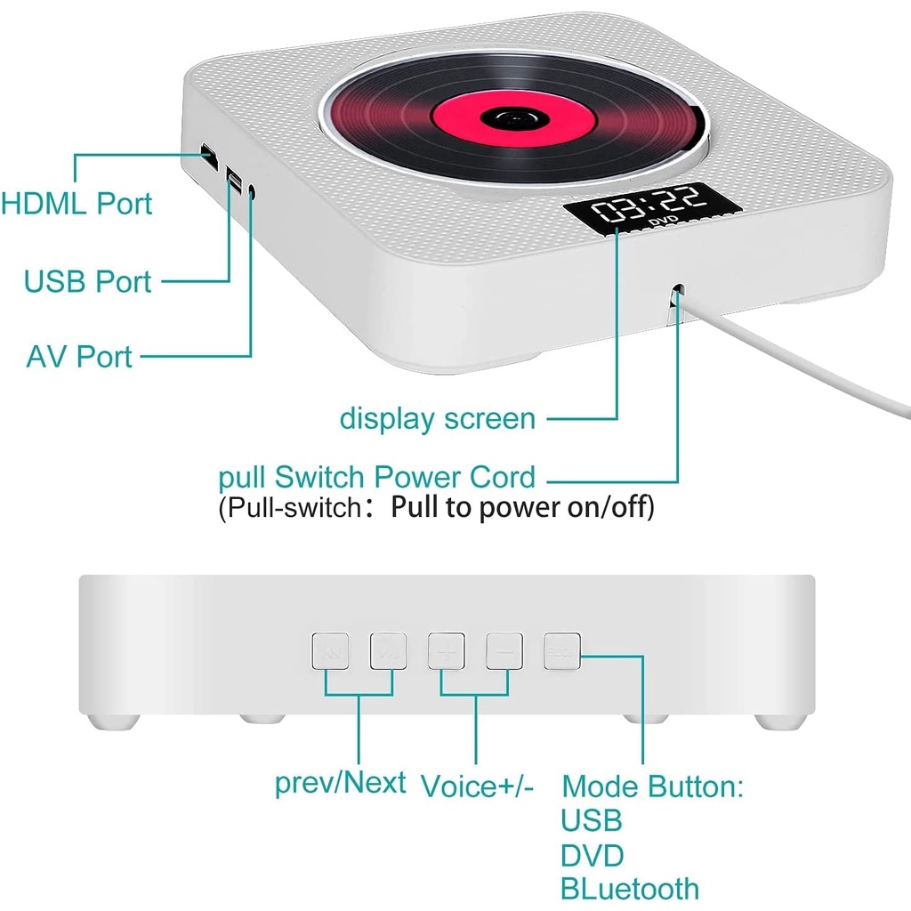 Portable CD DVD Music Player Wall Mountable Bluetooth CD Player dengan Layar Home Audio dengan Remot