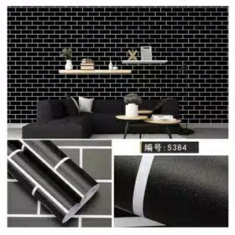 Wallpaper Sticker Dinding Motif Bata Hitam Panjang 10Meter Lebar 45Cm