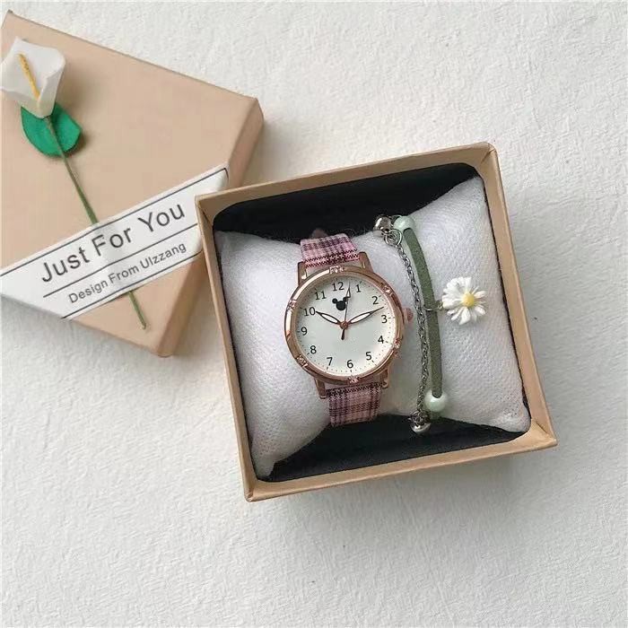 Jam Tangan Analog Wanita Strap Pu Kotak-Kotak Motif Mickey Gaya Korea Fashion Import-41-3 Pink