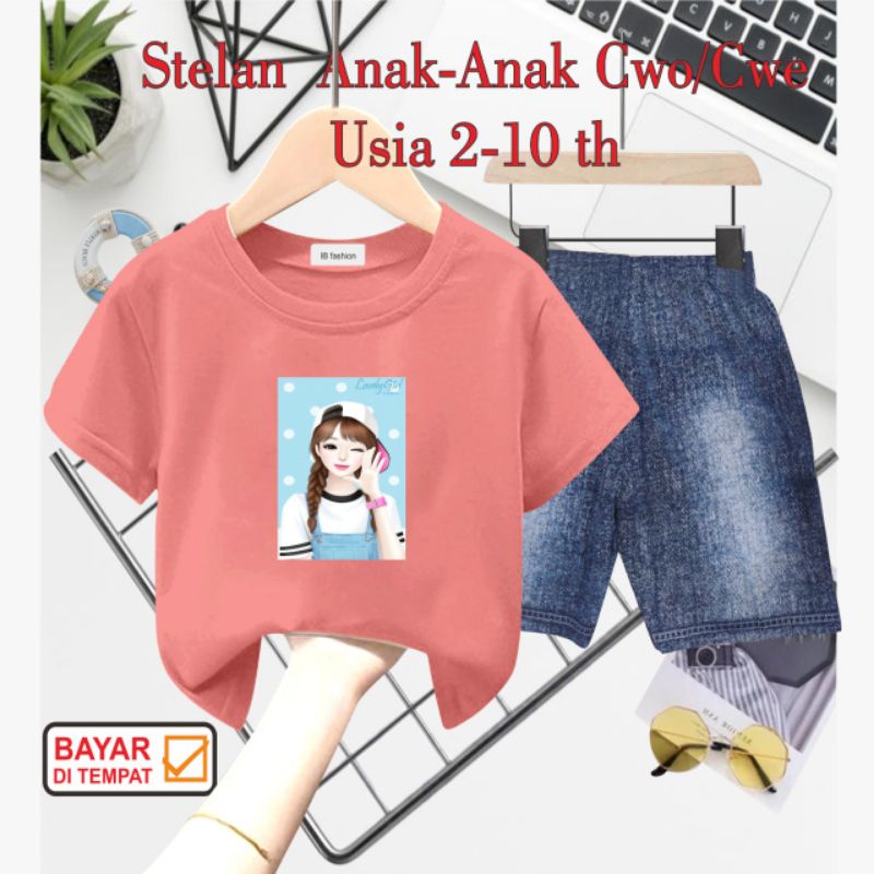 ((IB))SETELAN ANAK PEREMPUAN SEMI JEANS/CEWEK TOPI DIGITAL SABLON