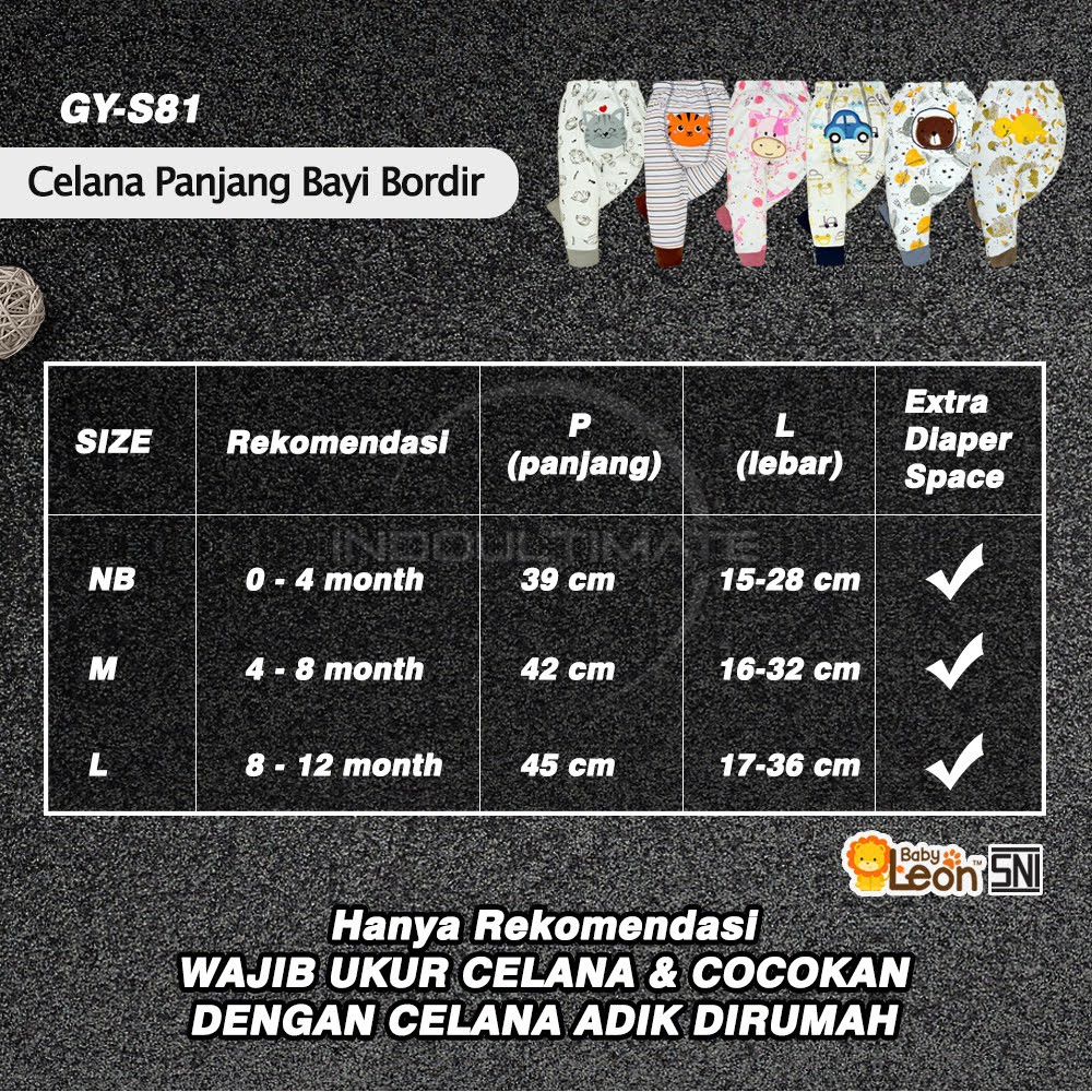 Celana Panjang Anak Bayi Bordir SNI BABY LEON Celana Tidur Piyama Diaper Pants Baby Nebworn GY-S81