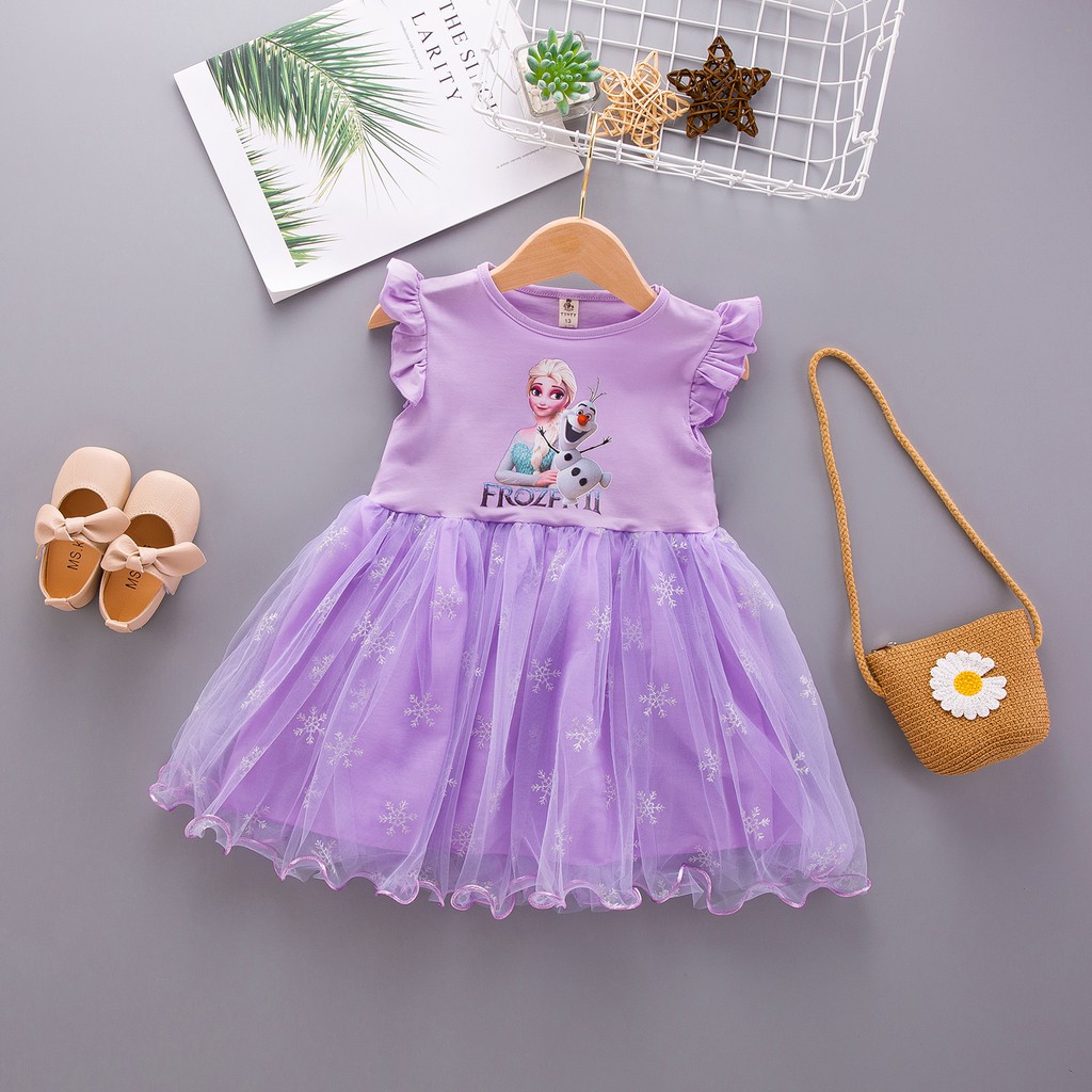 Dress princess perempuan frozen gaun anak cewek lengan pendek+rok kasa import ELSA OLAF SALJU-1
