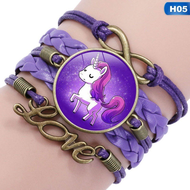 Unisex Unicorn Time Gemstone Glass Bracelet Handmade Multilayer Woven Leather Infinity Bracelet