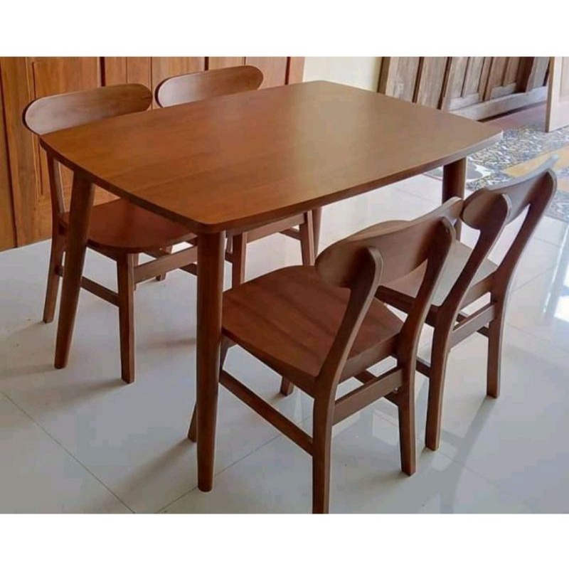 MEJA MAKAN KAYU JATI 4 KURSI MINIMALIS KOMBINASI BANGKU PANJANG ROPAN ROTAN KURSI CAFE STANLISE BESI