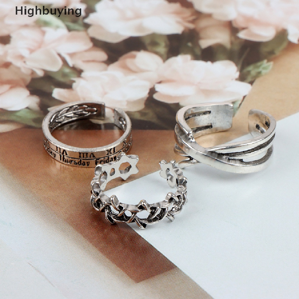 Hbid 3Pcs / set Cincin Terbuka Adjustable Desain Hexagram Angka Romawi Gaya Punk Untuk Pasangan