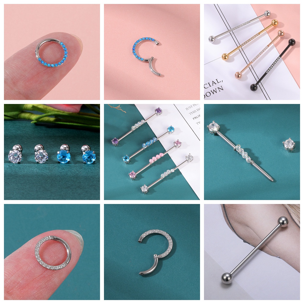 1 Set Anting Stud Kristal Bahan Stainless Steel Untuk Tindik Tulang Rawan