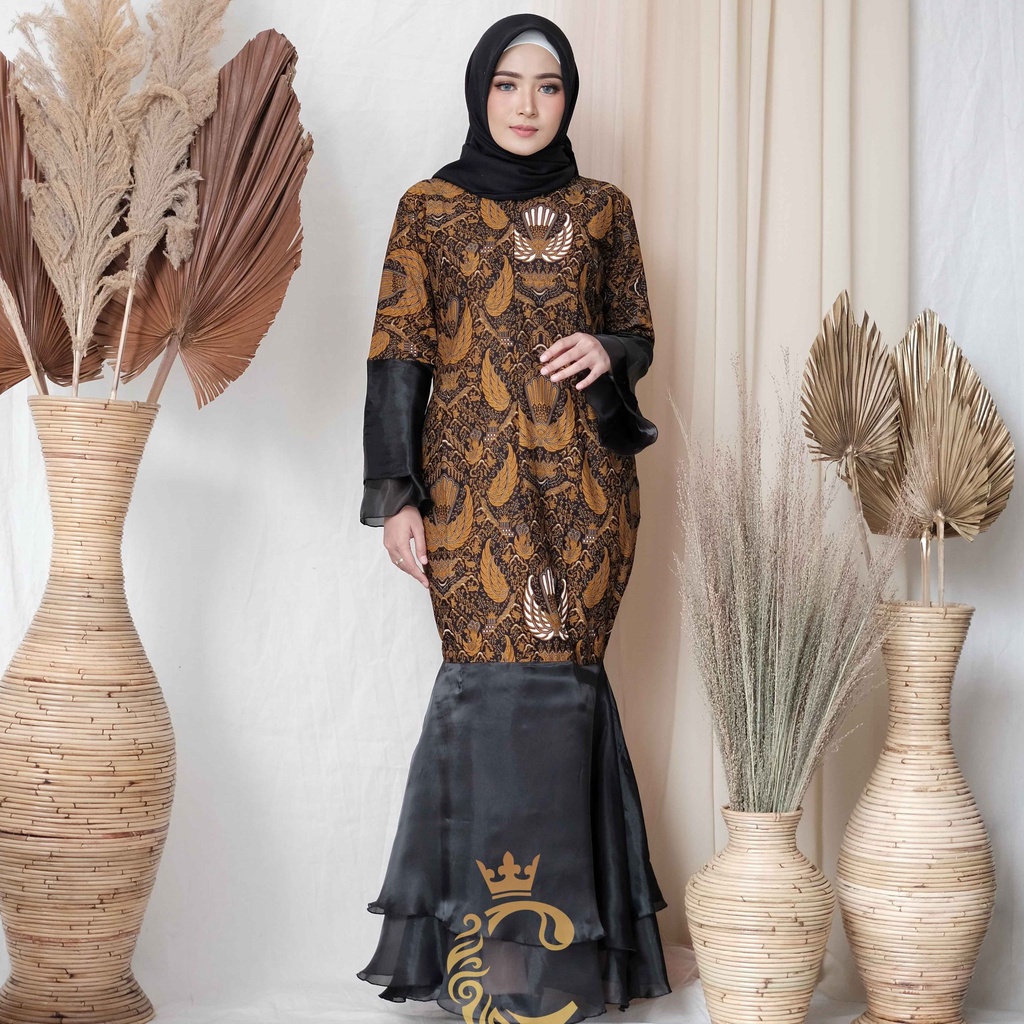 Gamis Dress Batik Duyung Peplum OOTD Kondangan Wanita Kombinasi Organza Modern Premium Cataliabatik