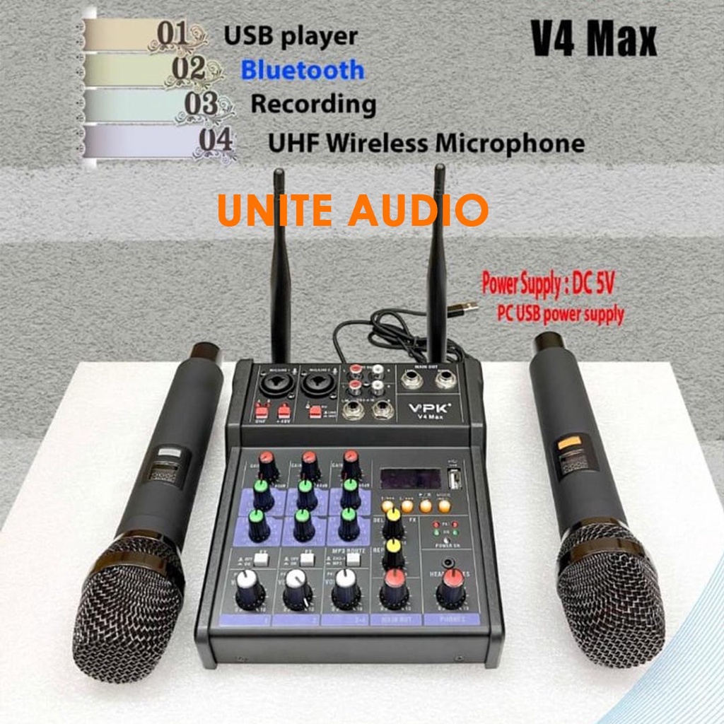 Mixer Audio 4 Channel Mini Mixer VPK V4 MAX V4MAX + 2 Mic Wireless original