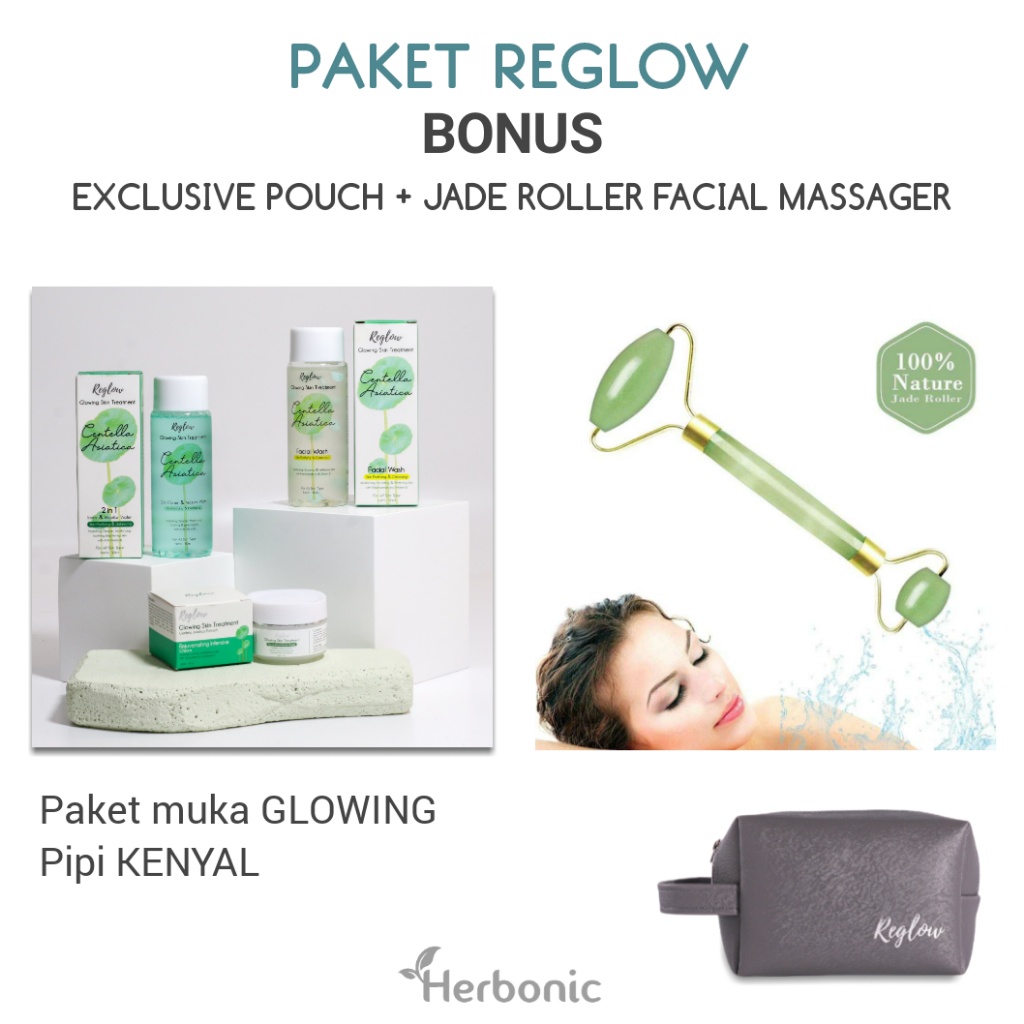 REGLOW PAKET SKINCARE BPOM GLOWING SKIN TREATMENT PAKET WAJAH GLOWING FACIAL WASH / TONER / CREAM-1 Paket+Jade Roller
