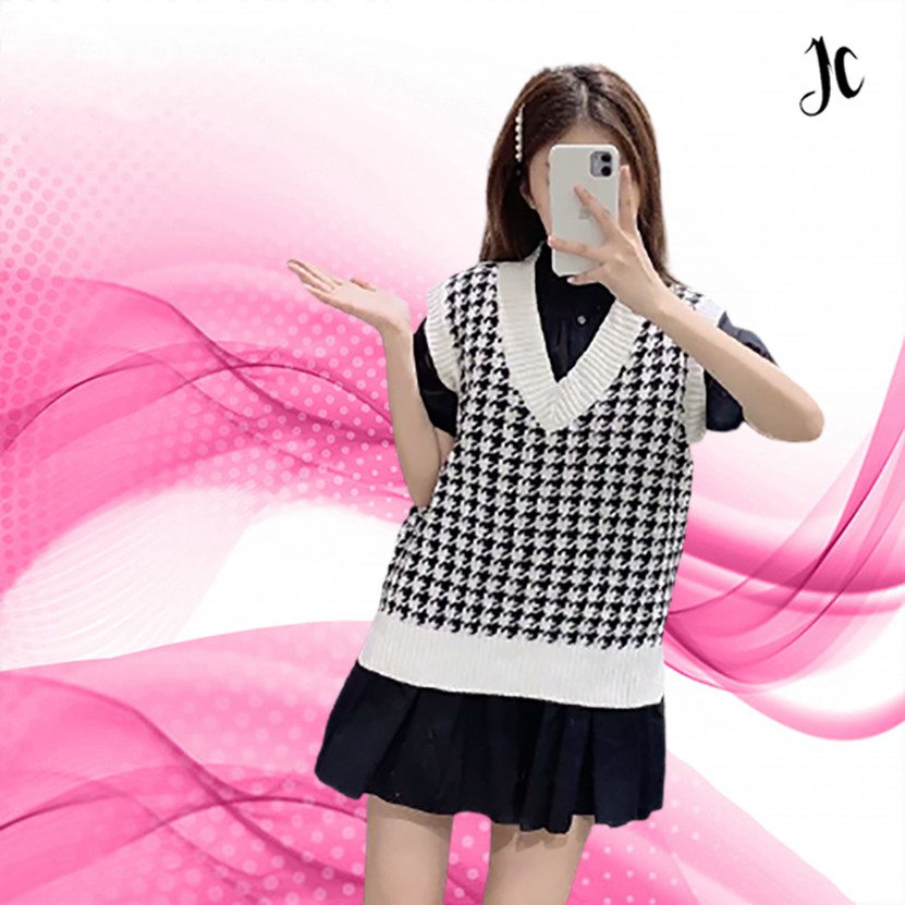 Vneck Rompi Rajut Crop / Vest Rajut Wanita Oversize Houndstooth Knitted Vest Sweater Hanny JCCollections