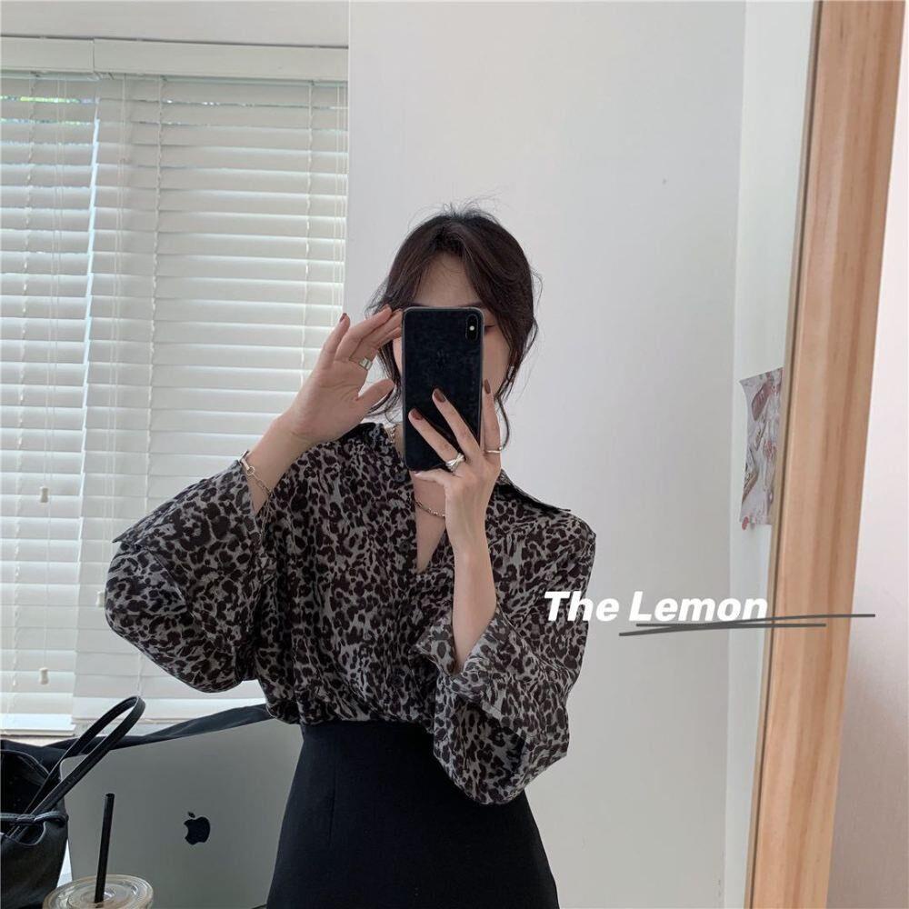 Leopard print kemeja setelan wanita kemeja longgar rok dua potong set