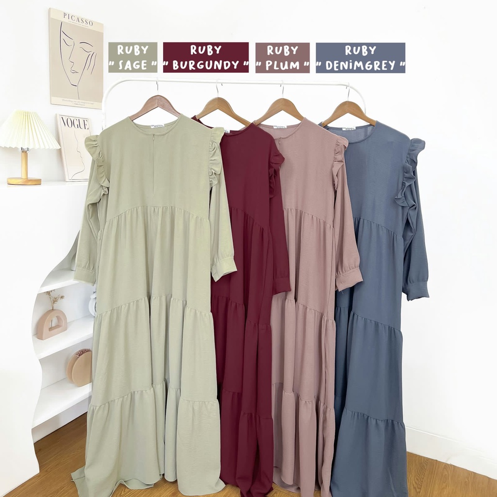 Ruby Dress Elsire / Ruffy Ankle Dress / Gamis Rampel Bahan Crincle Airflow / Dress Lengan Ruffle / G