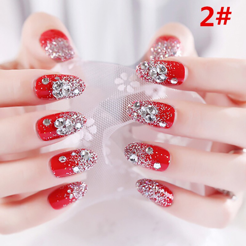 【COD】FLID 24Pcs Kuku Palsu French Nail Art Akrilik Kristal Berlian Imitasi Warna Merah