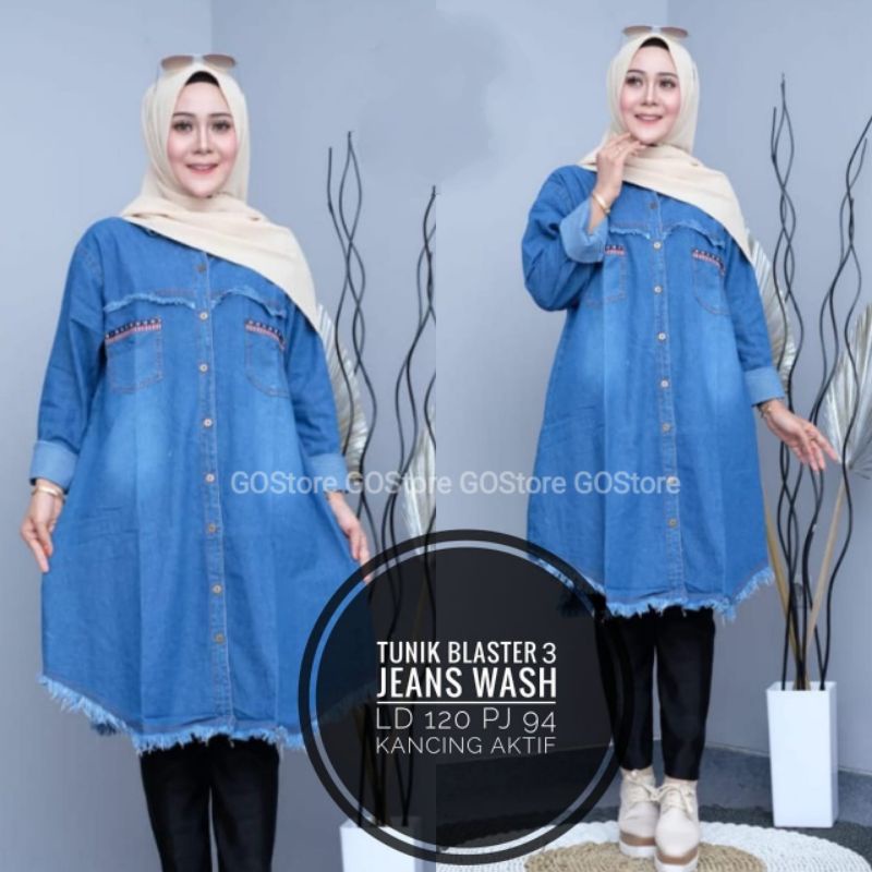 BLASTER TUNIK | Baju Atasan Jeans Wanita Jumbo LD 120 Busui Friendly | Tunik Lepis Big Size Kekinian