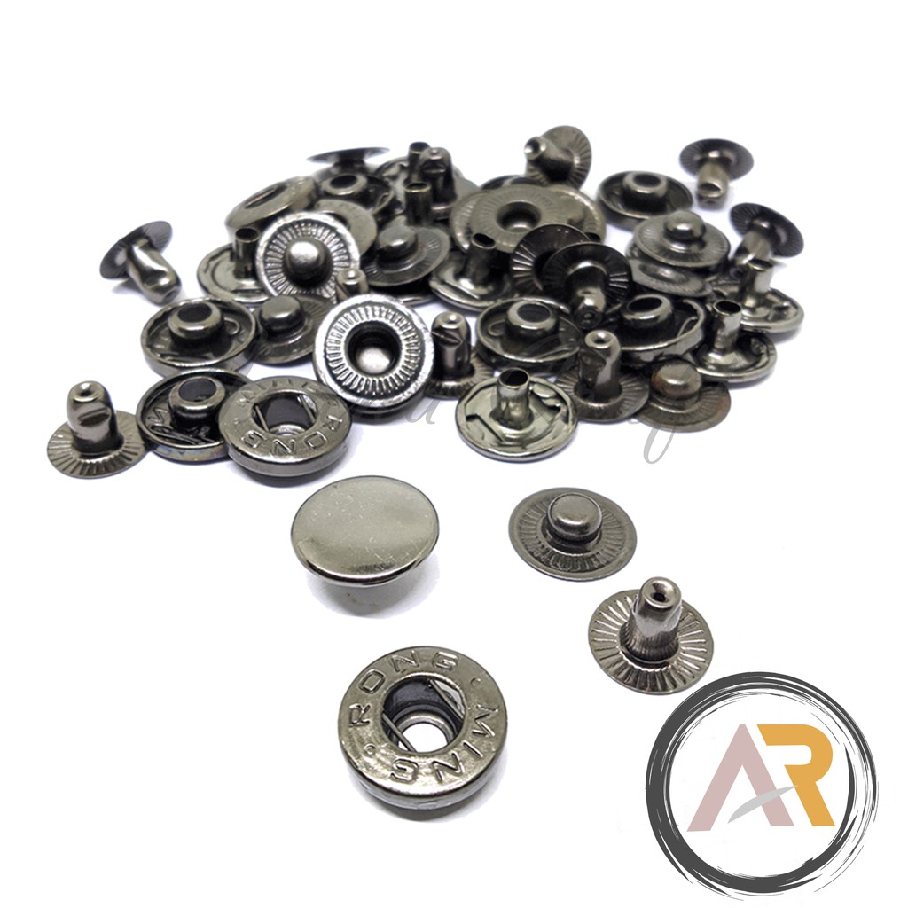 Kancing Cetet Besi 15 mm Warna Black Nikel Merk Ming Rong 12 Set Untuk Jeans, Celana, Jaket, Tas, Do