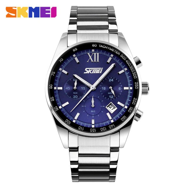 Jam Tangan Pria / SKMEI 9096 Analog Date Chrono aktif / Stainless Steel Analog Original / SKMEI