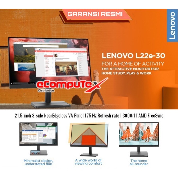 MONITOR LENOVO L22E-30 / L22E30 FHD 21.5 INCH 75HZ FREESYNC - GARANSI RESMI