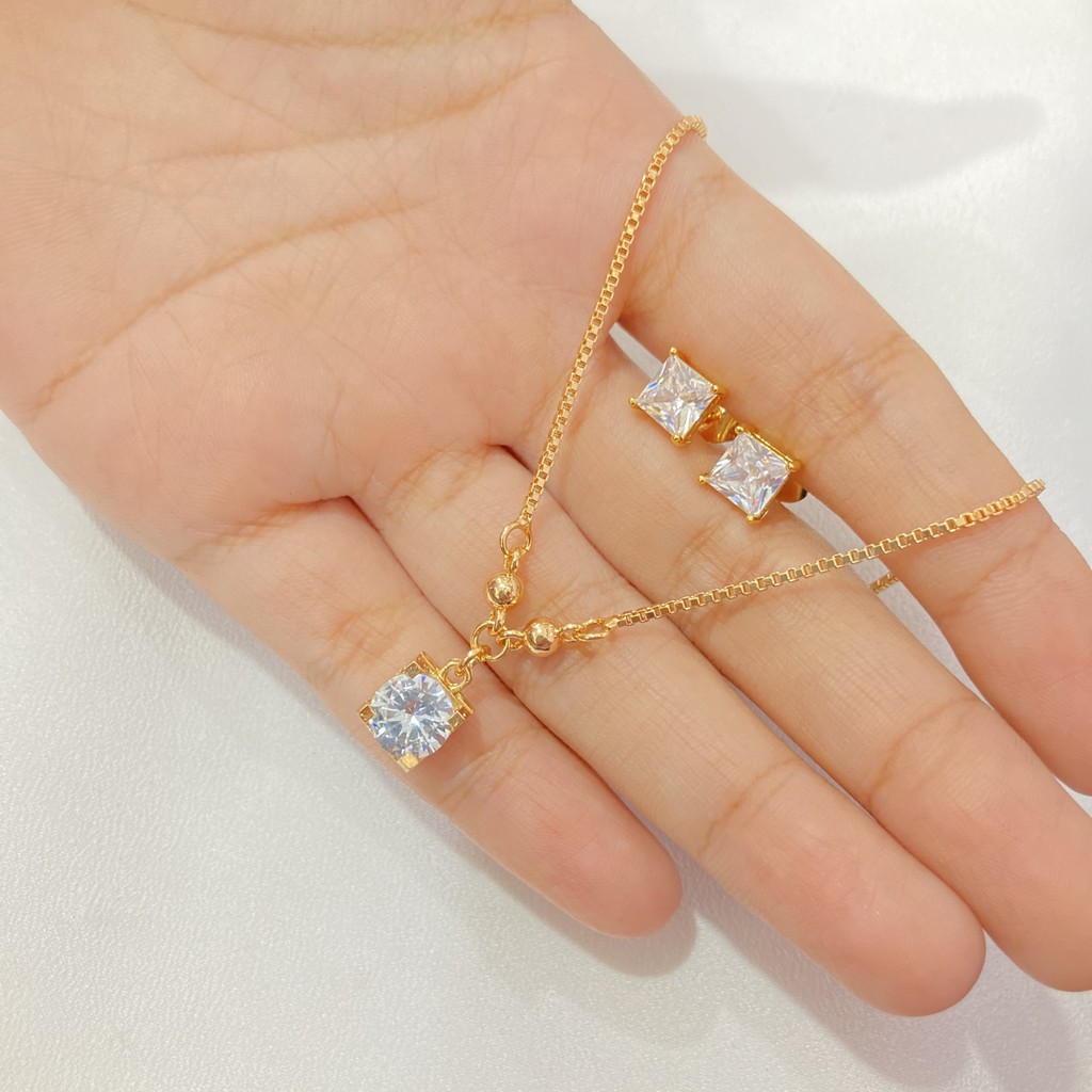 Set Kalung Anting Mata Satu Zircon Lapis Emas Aksesoris Fashion