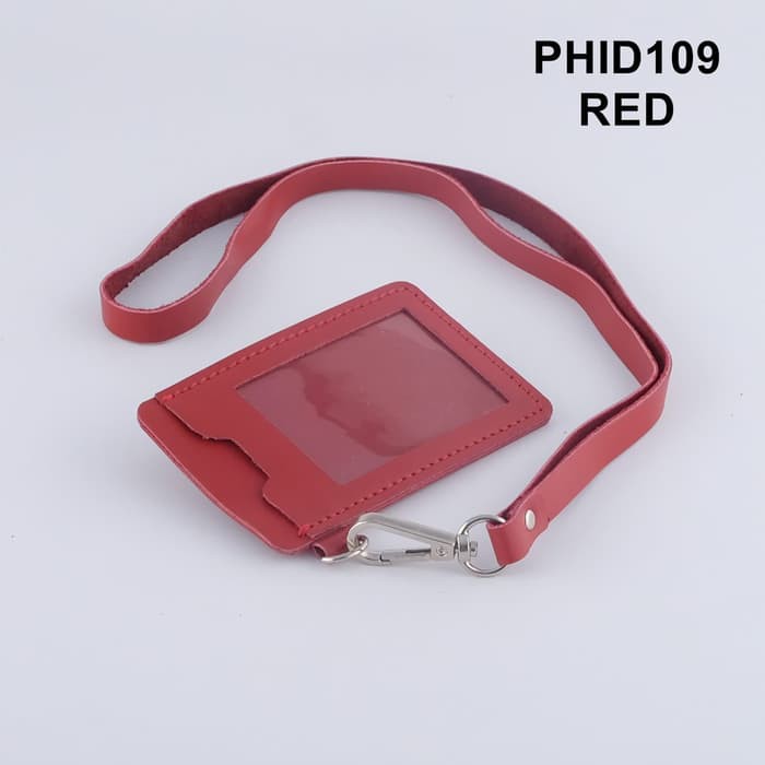 gantungan ID card kulit asli warna merah - id card holder PHID109