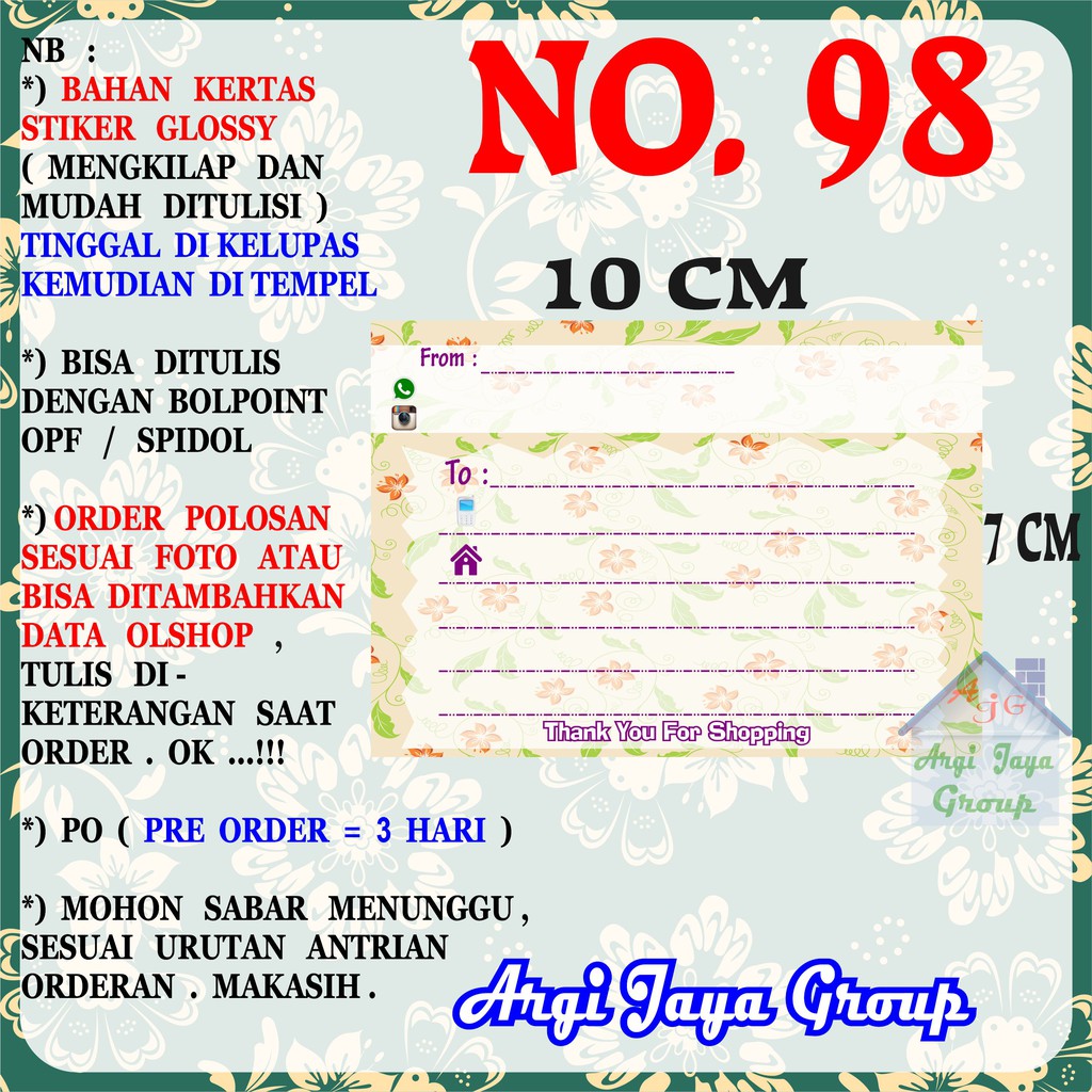 

Stiker Pengiriman - Sticker Alamat Olshop Murah Nomer 98 - 10x7 cm - Glossy