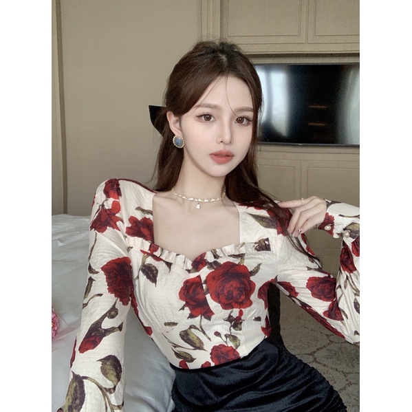 Suhao Rose Shirt Cropped Ruffled Long Sleeve Shirt French Top