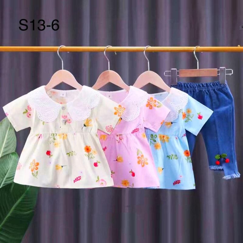 Setelan anak perempuan atasan jins cherry import 1-5 tahun/ Baju Setelan kemeja Setelan Jeans anak cewek tanggung 1 2 3 4 5 tahun