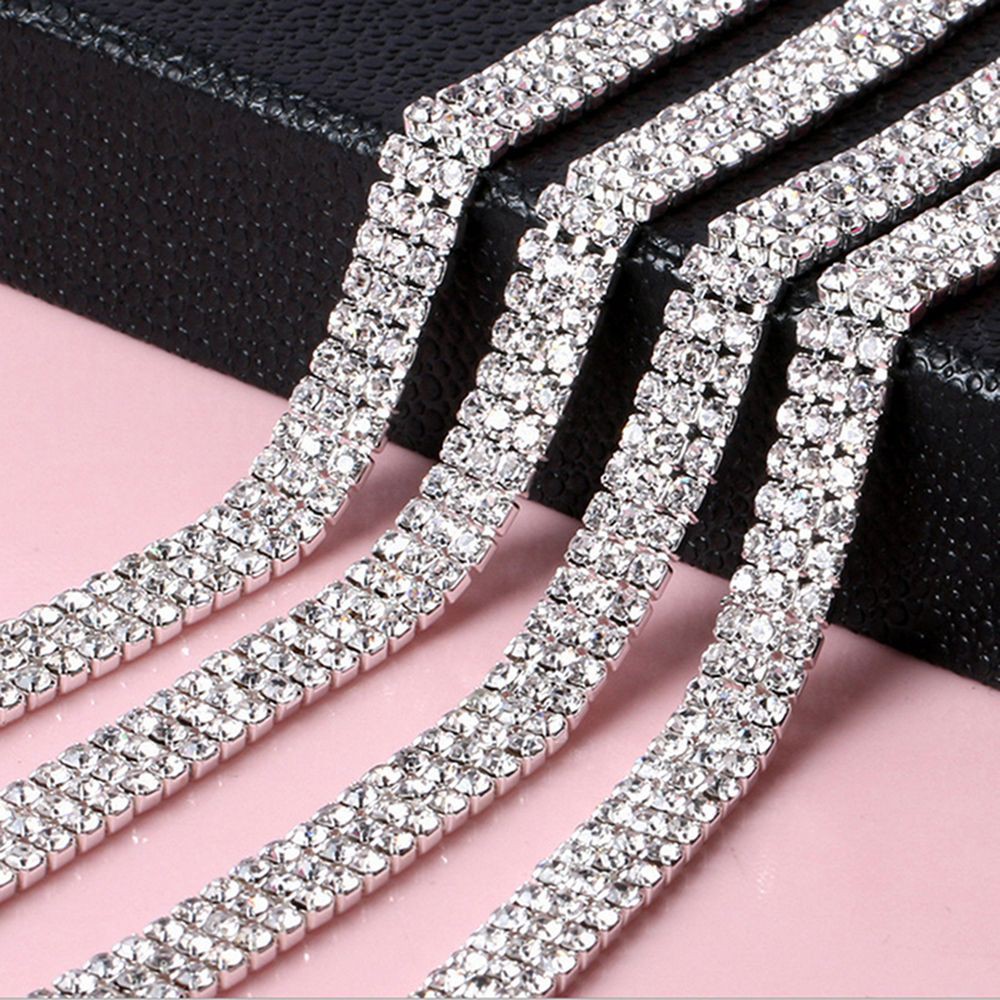 [Bayar Di Tempat]Chain Sparkling DIY Silver Crystal Rhinestone 1 Yard 1-row 2-row 3-row Trim