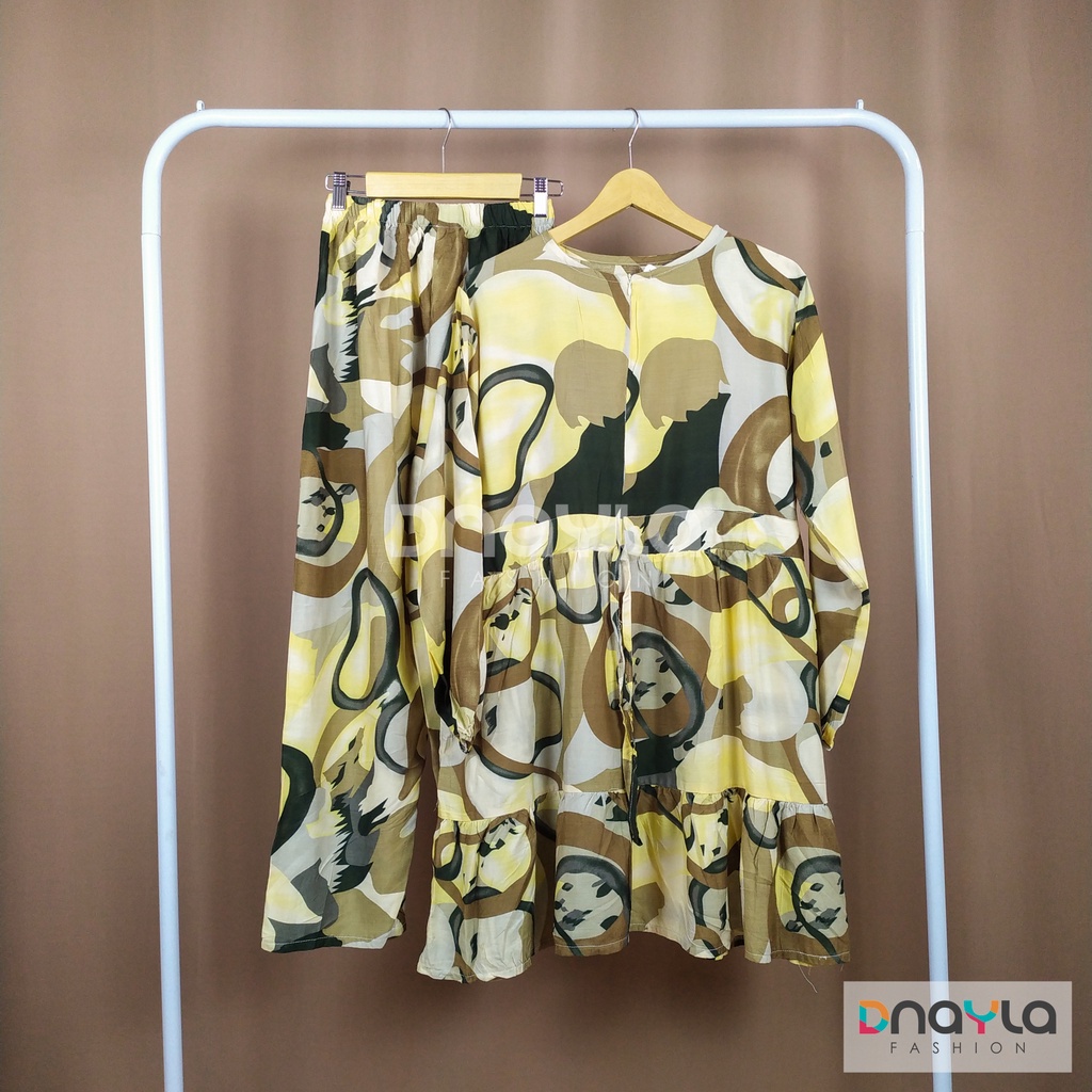 One Set Rempel Resleting Tali Serut / Setelan Celana Panjang / Setelan Baju Wanita Motif Abstract