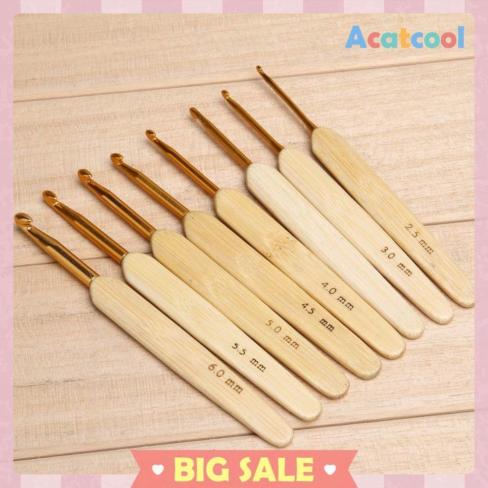 8pcs 8 sizes Bamboo handle Golden Aluminum Crochet Hooks Needles 2.5mm-6mm